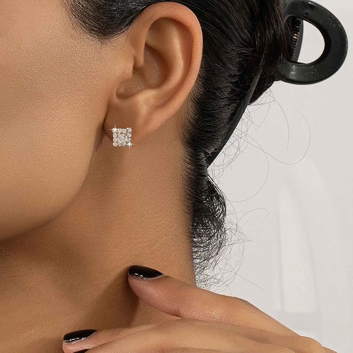 Vintage Crystal Square Earrings Rhinestone Square Stud Earrings Gold Cz Square Earrings Geometric Square Earrings Jewelry for Women-VivaGrace Women