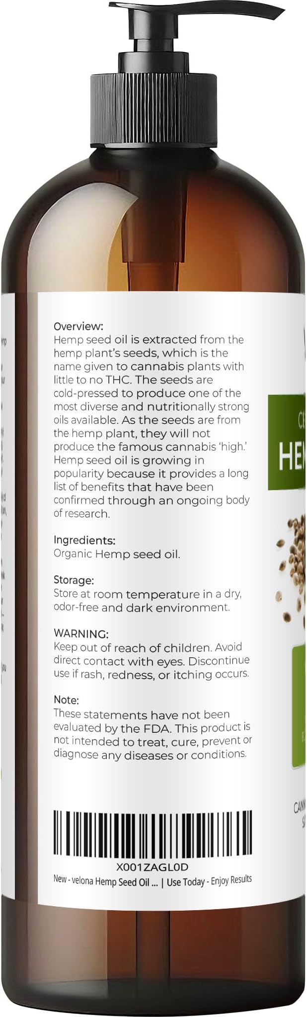 velona Hemp Seed Oil USDA Certified Organic - 16 Fl Oz | 100% Pure and Natural Carrier Oil | Unrefined, Cold Pressed | Hair, Body, Face & Skin Care-VivaGrace Women