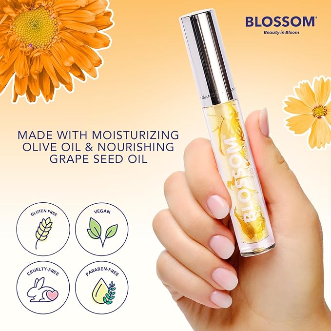 Blossom Moisturizing and Hydrating Shimmer Sparkle Lip Oil with Olive Oil + Grape Seed Oil, Infused with Real Flowers, 3g, Mango-VivaGrace Women