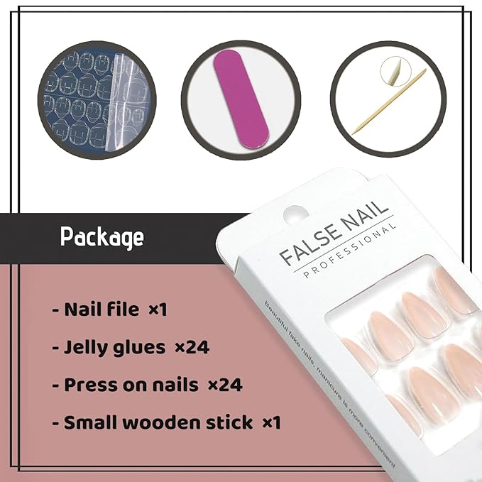 Nude Pink Press on Nails Almond Medium Fake Nails Glossy Stick on Nails with Designs Natural Pure False Nails Glue on Acrylic Nails for Women and Girls