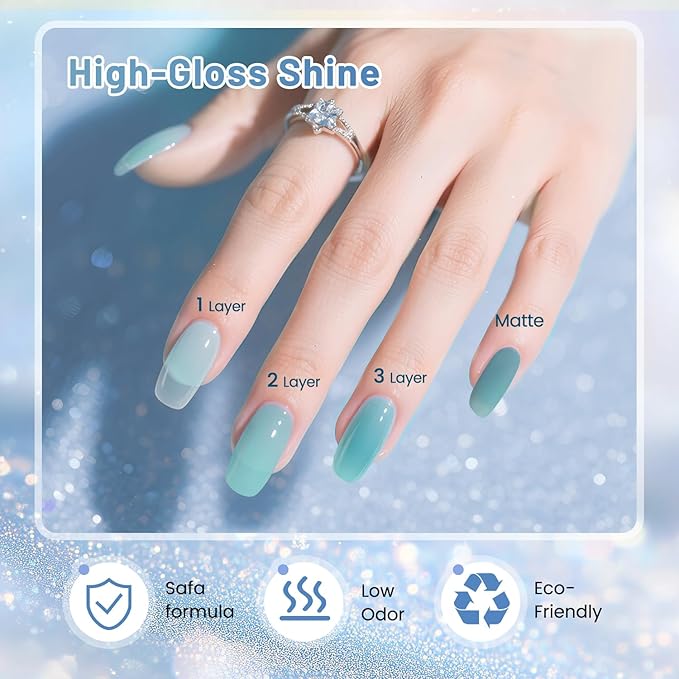 JODSONE 10ml 6 Colors Jelly Gel Nail Polish Set Ocean Blue Turquoise Gel Polish with Crystal Long Lasting All Seasons Need U V Lamp-VivaGrace Women
