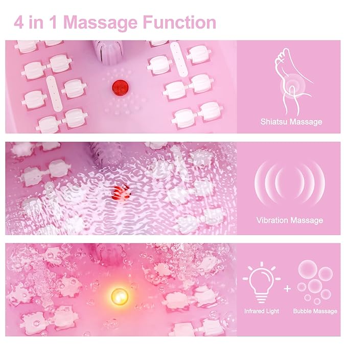 Foot Spa Bath Massager with Heat Bubbles and Vibration Massage and Jets, 16 OZ Calming Lavender Foot Soak Epsom Salt, Foot Soaker with Red Light, 22 Massage Rollers, Adjustable Temp - Pink-VivaGrace Women