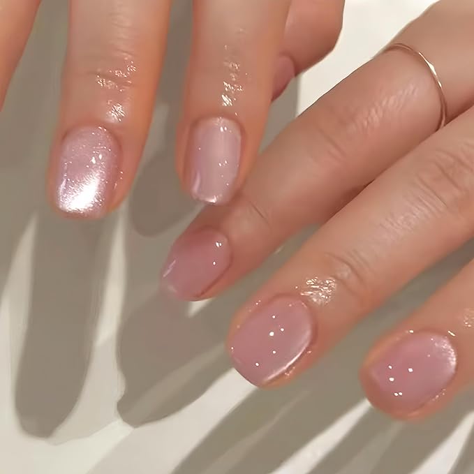 KQueenest Cat Eye Pink Press on Nails Short Square, 30 Pcs Thick Glitter Fake Nails Press ons, Sparkle Bling Acrylic Nails Glue on Short, Shiny Cute False Nails Stick on Nails for Women Manicure