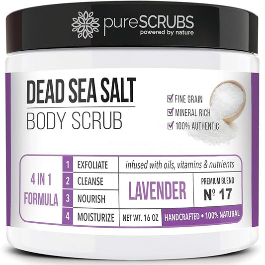 pureSCRUBS Premium Lavender Body Scrub Set - Large 16oz Dead Sea Salt Body Scrub With Infused Essential Oils & Nutrients, Includes Wooden Spoon, Loofah & Oatmeal Exfoliating Bar Soap-VivaGrace Women