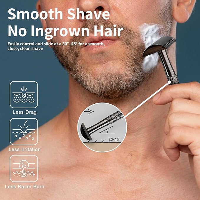 Shiny Gun Black Double Edge Safety Razor, Single Blade Razors for Men and Women, with 10 Stainless Steel Safety Razor Blades, Reusable, Smooth and Close Wet Shaving Kit, Plastic Free-VivaGrace Women