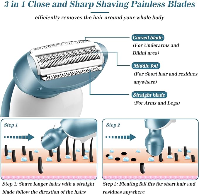 Electric Razors for Women for Legs Bikini Trimmer Electric Shaver for Women Underarm Public Hairs Rechargeable Womens Shaver Wet Dry Use Painless Cordless with Detachable Head (Blue)-VivaGrace Women