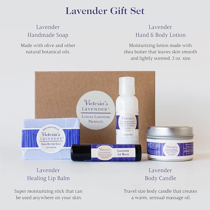 Victoria's Lavender Natural Body Products Gift Set - Handmade Soap, Hand & Body Lotion, Lip Balm, Body Candle Skin Care Sets & Kits, Lavender Bath and Body Products for Women, Lavender-VivaGrace Women