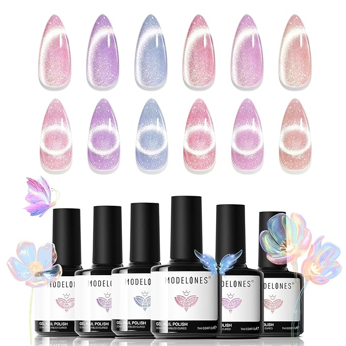 modelones Holographic Glitter Cat Eye Gel Nail Polish Kit 6 Colors with Magnet Romantic Rainbow Galaxy Series Pastel Gel Polish Soak Off Led Gel Nail Polish Set Nail Art Gel Manicure Salon DIY Gifts-VivaGrace Women