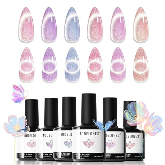 modelones Holographic Glitter Cat Eye Gel Nail Polish Kit 6 Colors with Magnet Romantic Rainbow Galaxy Series Pastel Gel Polish Soak Off Led Gel Nail Polish Set Nail Art Gel Manicure Salon DIY Gifts-VivaGrace Women