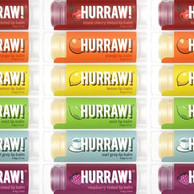 Hurraw! Lip Balms Staff Favorites, 6 Balm Bundle Pack: Black Cherry Tinted (Sheer Red Tint), Orange, Lemon, Mint, Earl Grey, Raspberry Tinted (Sheer Berry Tint). Organic, vegan & raw ingredients.-VivaGrace Women