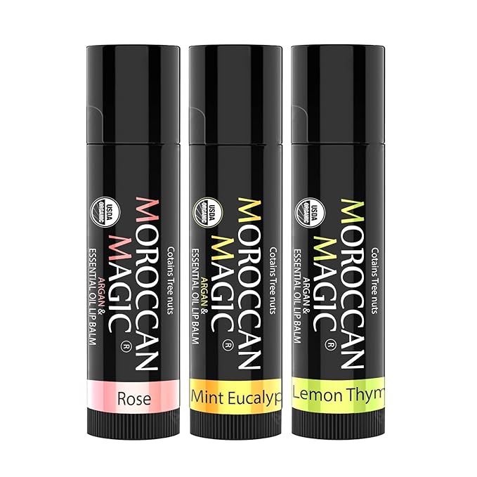 Moroccan Magic Organic Lip Balm Variety Pack Gift Set | Natural Argan and Essential Oils | Quality Smooth Application | Non-Toxic Cruelty Free | Rose, Peppermint Eucalyptus, Lemon Thyme | 3 Pack-VivaGrace Women