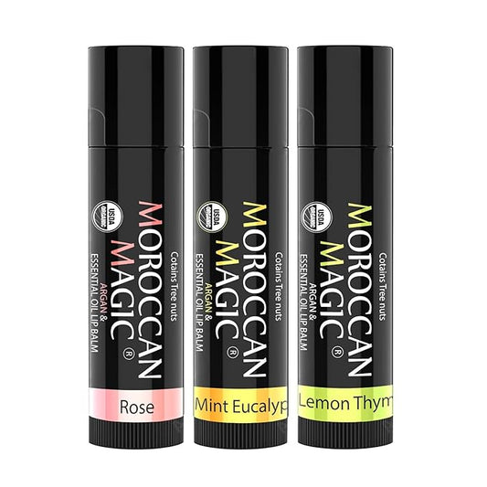 Moroccan Magic Organic Lip Balm Variety Pack Gift Set | Natural Argan and Essential Oils | Quality Smooth Application | Non-Toxic Cruelty Free | Rose, Peppermint Eucalyptus, Lemon Thyme | 3 Pack-VivaGrace Women