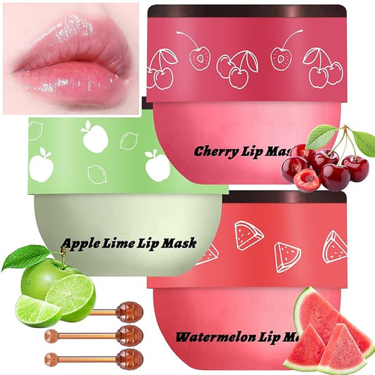 3 Pcs Bee Lip Balm Honey Pot, Cherry Watermelon Apple Lip Mask Overnight, Moisturizing Lip Sleeping Mask, Hydrate Repair Prevent Dry Cracked Lip Exfoliator Lip Care (Cherry+Watermelon+Apple Lime)-VivaGrace Women