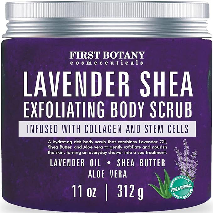 First Botany Body Scrub - Natural Exfoliating Salt Scrub & Body and Face Souffle helps with Moisturizing Skin, Acne, Cellulite, Dead Skin Scars, Wrinkles (10 fl oz, Lavender)-VivaGrace Women