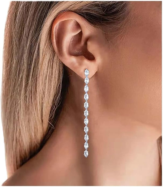 Vintage Rhinestone Chain Drop Earrings Silver Linear Crystal Earrings Sparkle Cz Tassel Earrings Long Cz Chain Stud Earrings Jewelry for Women and Girls-VivaGrace Women