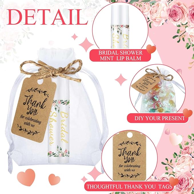 Demissle 50 Pcs Bridal Shower Lip Balm Gift Set with 100 Pcs Organza Bags Thank You Tags 20 Meters Rope wedding Party Favor for Guest Favors Gift Party Decoration Souvenirs(Floral)-VivaGrace Women