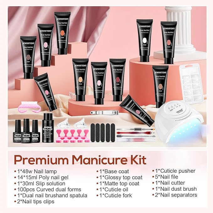 JEWHITENY Poly Extension Gel Kit With 48W LED Nail Lamp 14 Colors Builder Extension Gel All-in-One French Kit Nail Art Design Beginner Kit-VivaGrace Women