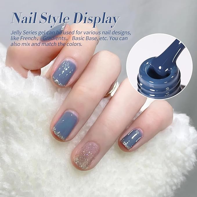 BORN PRETTY Jelly Blue Gel Nail Polish Set 6 Colors Translucent Light Blue Baby Blue Royal Blue Reflective Glitter Blue Nail Gel Kit Soak Off Nail Art Manicure Design Home Salon Holiday Gift-VivaGrace Women