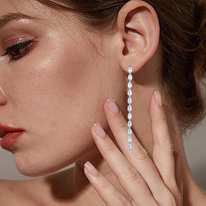 Vintage Rhinestone Chain Drop Earrings Silver Linear Crystal Earrings Sparkle Cz Tassel Earrings Long Cz Chain Stud Earrings Jewelry for Women and Girls-VivaGrace Women