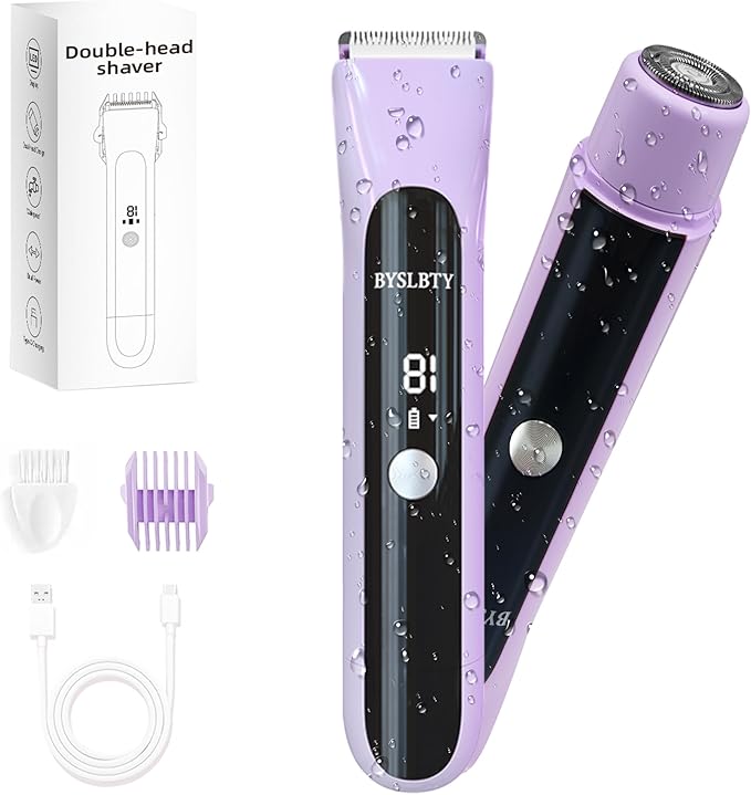 2 in 1 Bikini Trimmer for Women Dual Head Electric Shaver with LED Display,IPX7 Waterproof Wet & Dry, Painless Shaver for Underarm Leg Arm Body Face Private Area Purple-VivaGrace Women