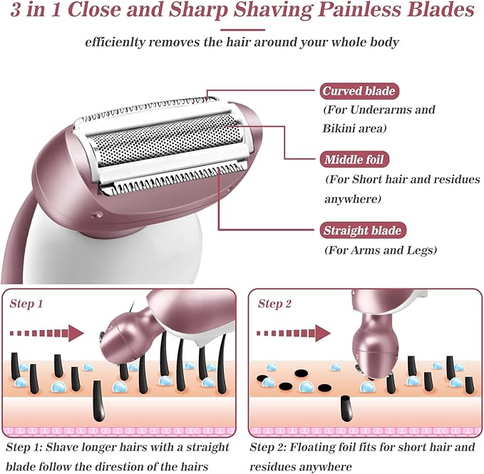Electric Shaver for Women for Legs Bikini Trimmer Electric Razors for Women Underarm Public Hairs Rechargeable Womens Shaver Wet Dry Use Painless Cordless with Detachable Head (Pink)-VivaGrace Women