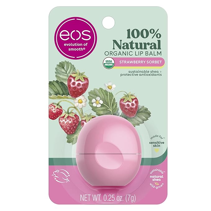 eos 100% Natural & Organic Lip Balm- Strawberry Sorbet, All-Day Moisture, Dermatologist Recommended for Sensitive Skin, Lip Care Products, 0.25 oz-VivaGrace Women