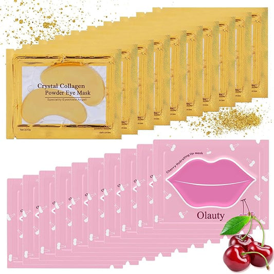 20 Pieces Lip Masks&24K Gold Gel Eye Masks,Crystal Collagen Under Eye Masks,Moisturizing Cherry Lip Patches Skin Care,Reducing Fine Lines & Dark Circle for Puffy Eyes,Birthday for Women-VivaGrace Women