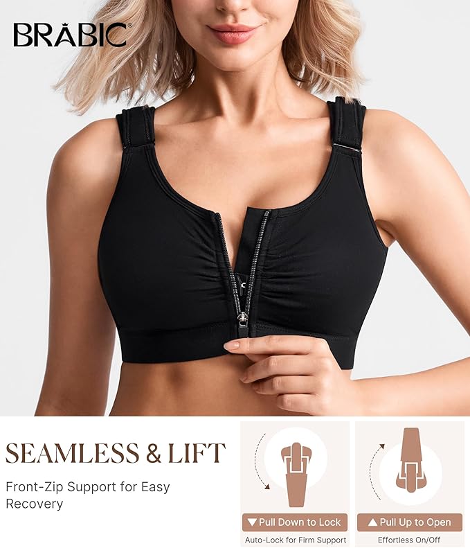BRABIC Zip Front Closure Everyday Bra for Women Post Surgery Compression Support with Adjustable Straps Wirefree-VivaGrace Women