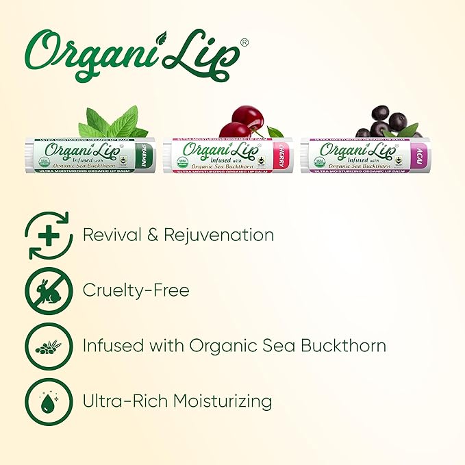 OrganiLip Organic Lip Balm, Variety3 Pack (Spearmint, Cherry, Acai), Ultra Hydrating Lip Moisturizer for Dry Lips, USDA Certified Organic,-VivaGrace Women