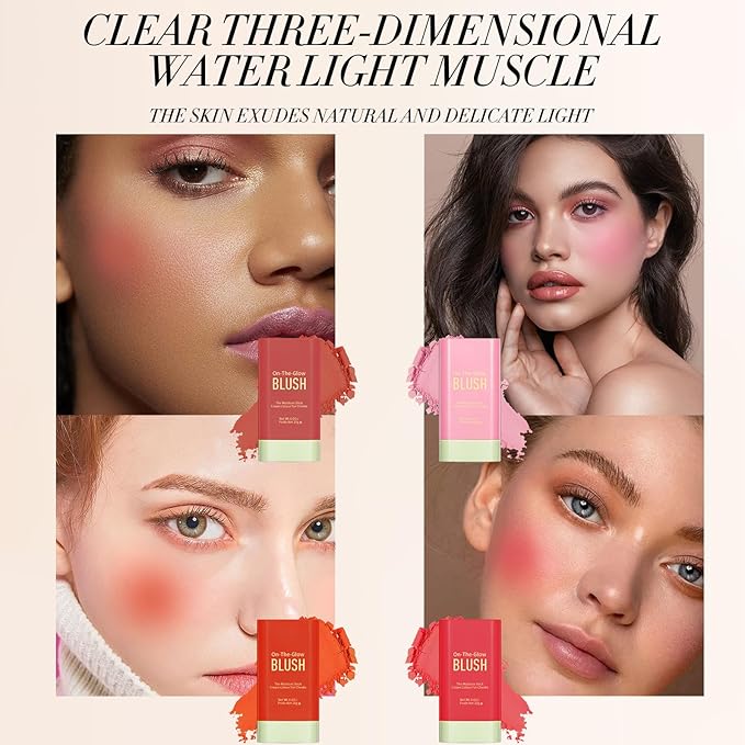 3-in-1 Cream Blush Stick for Cheeks Lips Eyes, Waterproof Natural Finish Tinted Makeup Stick, Hydrating Multi-Use Blush Balm-VivaGrace Women