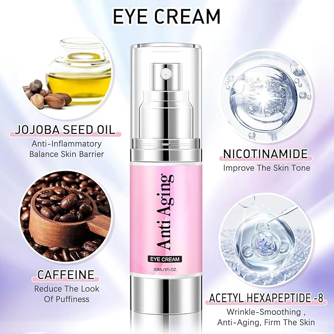 5% Caffeine Eye Cream Eye Serum Kit for Dark Circles Under Eye Treatment For Puffiness Bags And Wrinkles Eye Cream Anti Aging Eye Serum & Eye Roller 2 Fl Oz-VivaGrace Women