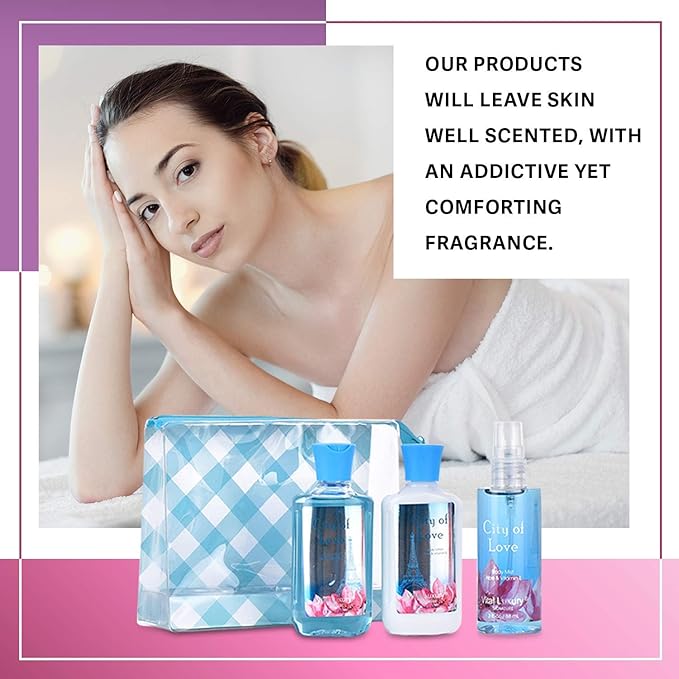 Bath & Body Care Travel Set - Home Spa Set with Body Lotion, Shower Gel and Fragrance Mist, Valentines Day Gifts for Her and Him(City of Love)-VivaGrace Women