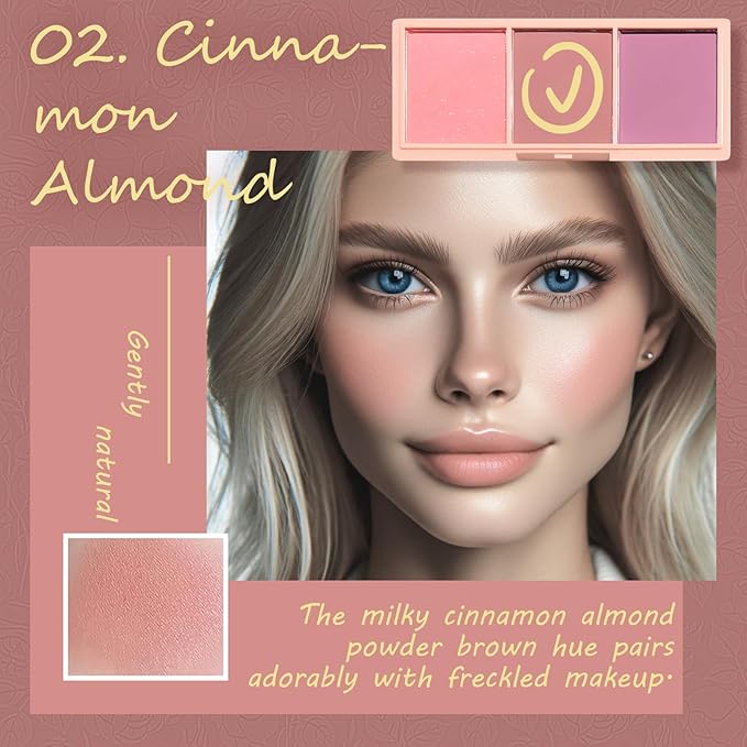 3 Color Matte Pink Blush Palette with Brush, Long Lasting Cheek Makeup, Light and Smooth Blush Powder for Face Beauty-VivaGrace Women