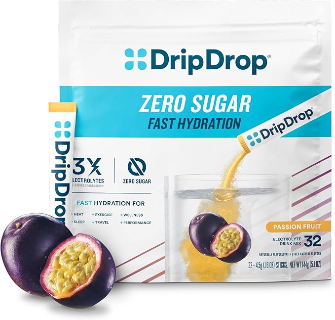 DripDrop Sugar Free Hydration Packets - Zero Passion Fruit - Single Serve Electrolytes Powder Drink Mix - Non-GMO, Gluten Free, Vegan - 32 Sticks-VivaGrace Women