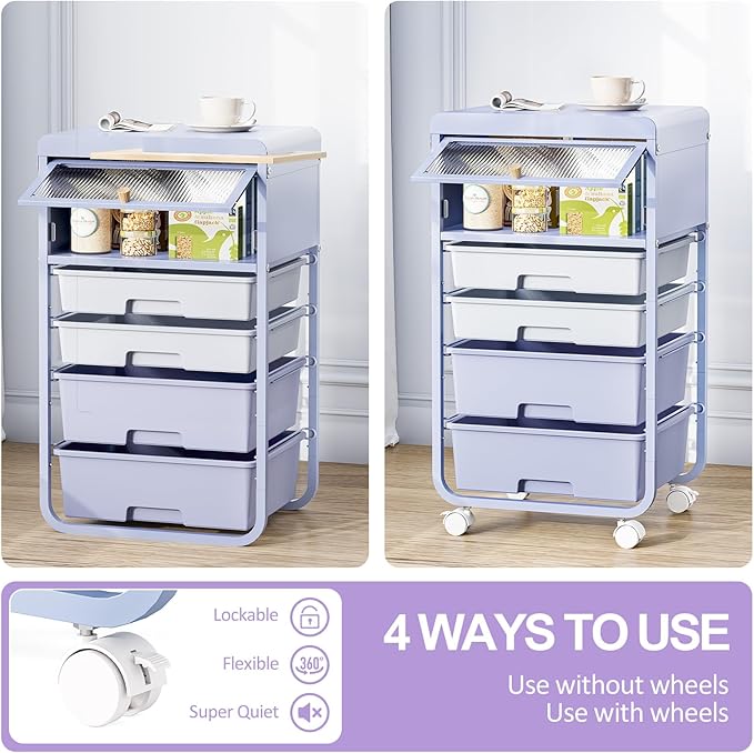 Utility-Rolling-Storage-Drawer-Craft-Cart-Organizers with 4 Drawers & Dust-Proof Door for Kid Craft Art Room,Bedroom,Home Office, Lavender Purple-VivaGrace Women