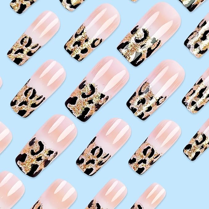 Medium Square Press on Nails French Tip Fake Nails Glitter Ombre False Nails with Leopard Designs Medium Nail Press ons Sparkly Artificial Nails Cute Stick on Nails for Women 24Pcs