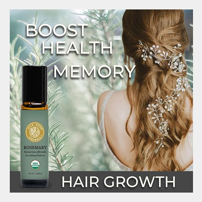 Silk Road Organic Rosemary Essential Oil & Jojoba Roll On, 100% Pure USDA Certified Aromatherapy to Improve Memory & Focus & Hair Health - 10 ml Roller-VivaGrace Women
