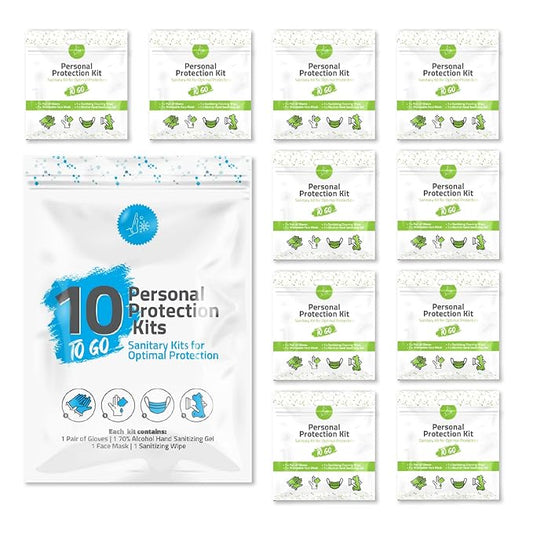 Personal Protection Kit TO GO, Mini 4 Item PPE Kit for travel and school | Includes 1 Each of Face Covering, Gloves, Cleansing Wipes & Hand Cleansing Gel | 10 - Pack (Green)-VivaGrace Women