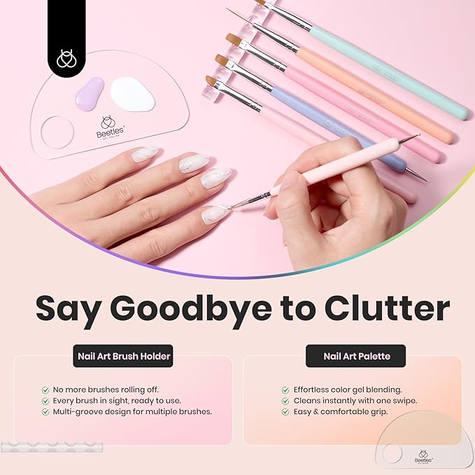 Beetles Nail Art Brushes, 6pcs Nail Art Tool Set, Nail Double-headed Dotting Tools, Striping Nail Art Brushes for Long/Short Lines, Nail Drawing Pen with Nail Brush Holder&Palette For Nail Design-VivaGrace Women