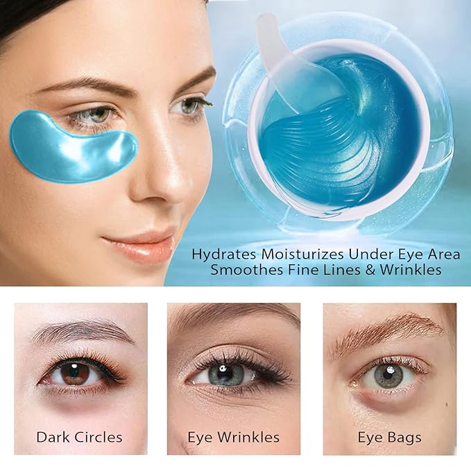 60 Pcs Under Collagen Eye Masks, Under Eye Patches for Dark Circles and Puffiness, Hydrating Eye Mask Skincare, Eye Gel Pads for Eye Bags and Wrinkles Under Eye Treatment (60 Pcs Blue)-VivaGrace Women