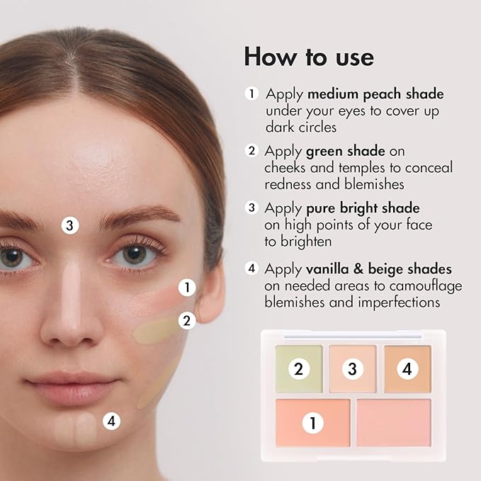 LUNA Conceal Blender Palette 5-in-1 Color Correcting and Concealing Makeup with Beige, Green, Vanila, Medium Peach and Pure Bright Buildable Coverage for Redness, Dark Circles and Blemishes-VivaGrace Women