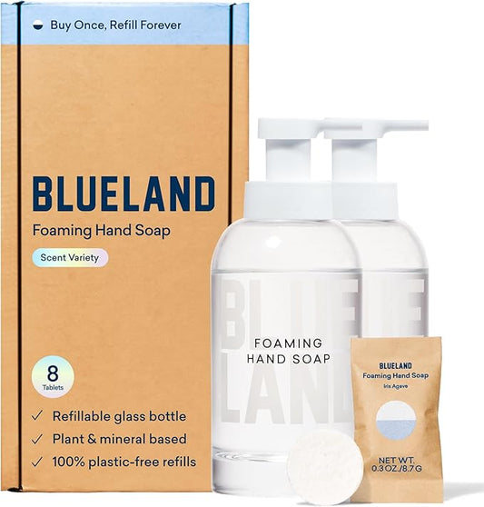 BLUELAND Hand Soap Duo, 2 Refillable Glass Foaming Hand Soap Dispensers with 8 Refill Tablets, Variety Scents, 8 x 9 Fl oz