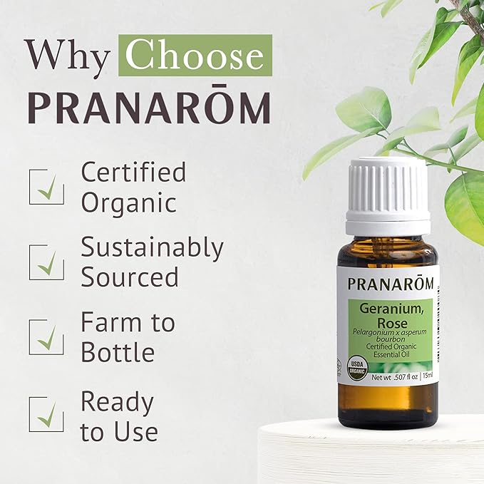 Pranarom USDA Certified Organic Rose Geranium Essential Oil (15ml), 100% Pure Undiluted Therapeutic Grade from Madagascar for Aromatherapy, Diffuser, Skincare, Relaxation, Pure Rose Scent-VivaGrace Women