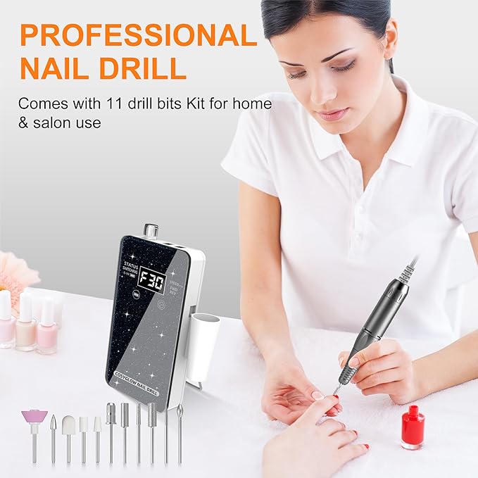 Professional Electric Nail Drill File:COSYGLOW Glitter Portable Cordless E-File Nail Drill Kit with 11 Drill Bits,30000 RPM Rechargeable Nail Drills Machine for Acrylic Nails Gel Polishing(Black)-VivaGrace Women