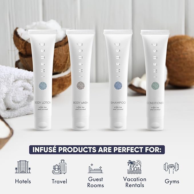 Infuse White Tea & Coconut Hotel Toiletries Bulk Set | 1-Shoppe Amenities Kit | 1oz Shampoo & Conditioner, Body Wash, Lotion | Travel Size | 80 Pieces-VivaGrace Women