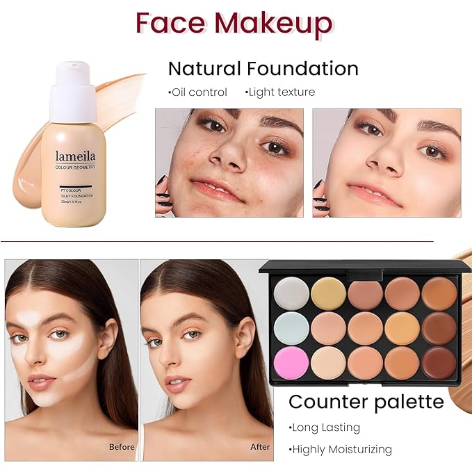 Makeup Present Set for Teen Girl Women, Travel Makeup Kit, Makeup Full Kit for Beginner, Makeup Bundle Include 2 Matte & Shimmer Eyeshadow Palettes, Liquid Glitter Eyeshadow & Eyeliner-VivaGrace Women