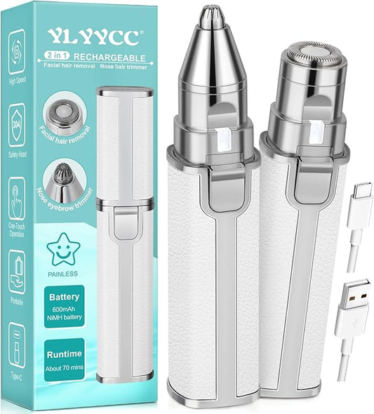Nose Hair Trimmer for Women Men, Electric 2 in 1 Face Shaver and Eyebrow Trimmer, White Rechargeable Facial Hair Remover with Built-in LED Light-VivaGrace Women