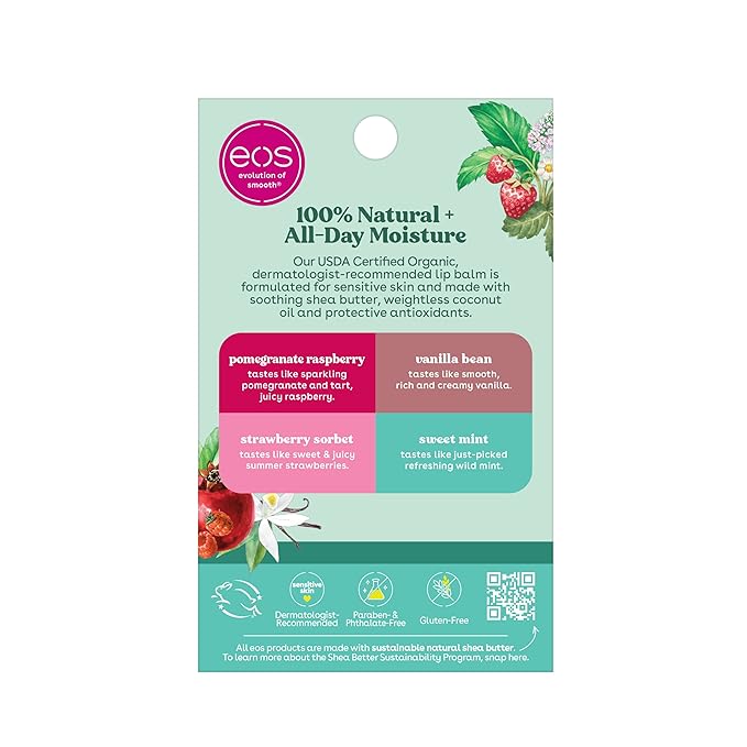 eos 100% Natural & Organic Lip Balm Sticks- Strawberry Sorbet, Vanilla Bean, Sweet Mint & Pomegranate Raspberry, Lip Care Products, 0.14 oz, 4-Pack-VivaGrace Women