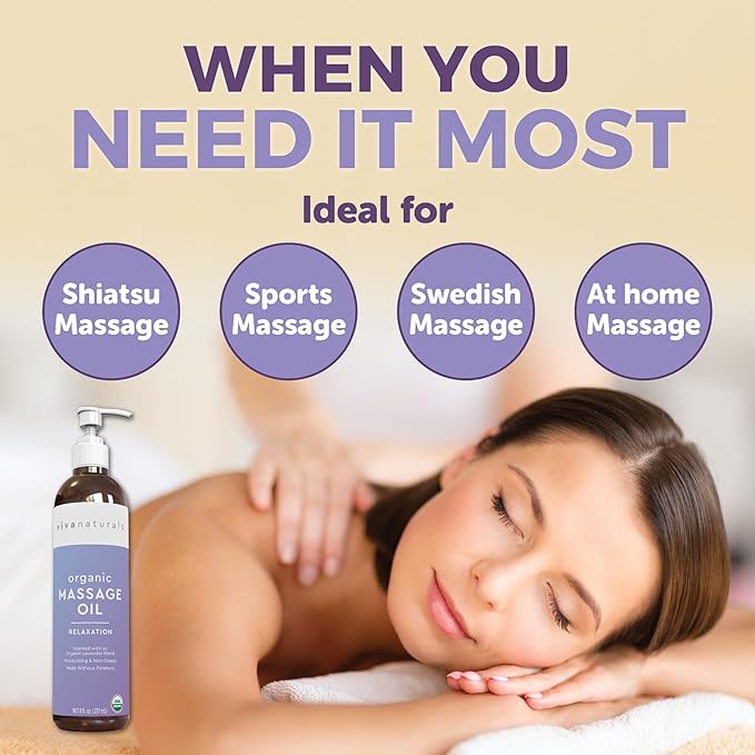 Viva Naturals Organic Massage Oil (8 fl. oz.) - Lavender Scented Non-Greasy Body Massage Oil with Mess-Free Pump, Moisturizing Massage Oils for Massage Therapy, Non-GMO and Certified Organic, 237 mL-VivaGrace Women