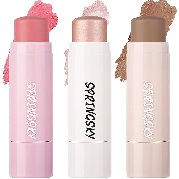 Face Stick Trio 3Pcs Multi Makeup Blush Highlighter Contour Sticks, Buildable Blendable Lightweight Cream Blush Stick for Cheeks Lips Make Up For Women (05)-VivaGrace Women